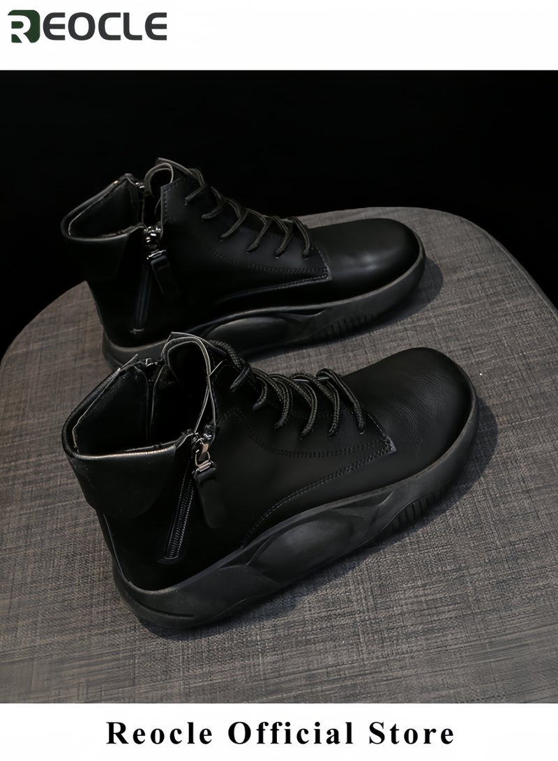 ريوكل حذاء رياضي نسائي من الجلد الطبيعي برباط ونعل سميك، حذاء رياضي كاجوال يصل إلى الكاحل، حذاء رياضي عصري ممتص للصدمات، حذاء رياضي للجري - Image 5