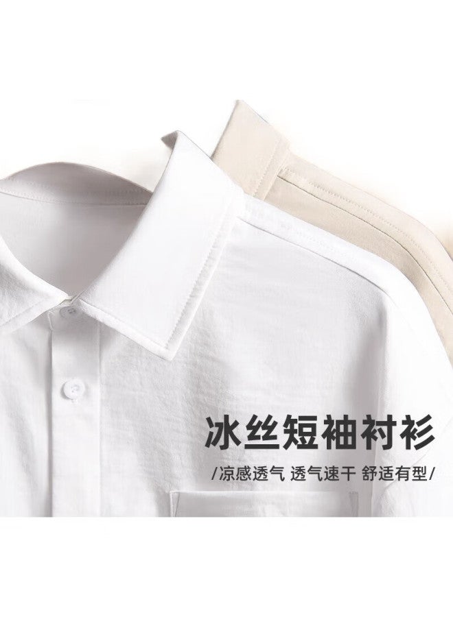 GENIOLAMODE Men'S Short-Sleeve Shirt, Summer Ice Silk Cool-Feeling Breathable Quick-Dry Loose Simple Wrinkle-Resistant No-Iron Shirt, Light Beige, 2Xl - Image 2