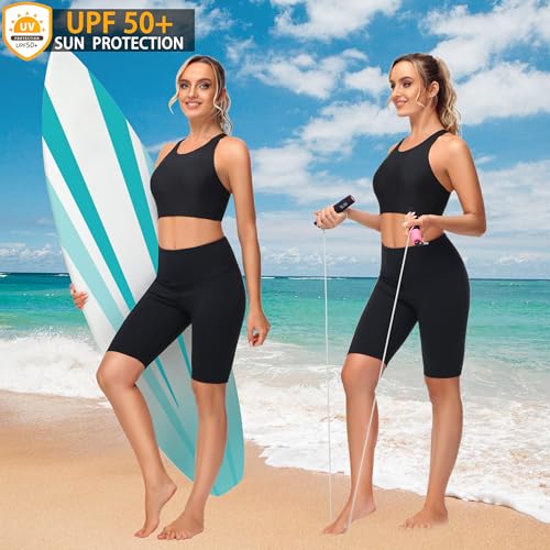 MIVEI Women's Sports Bra Swim Tops for Under Shirt Bikini Top Bathing Suit Modest High Neck Quick Dry Removable Padded UPF50+ Black - Image 5
