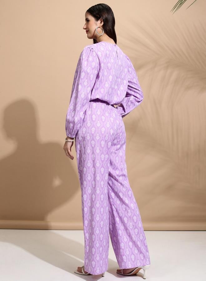 Tokyo Talkies All-Over Print Round Neck Balloon Sleeve Crop Top with Trousers Co-Ords - Image 2