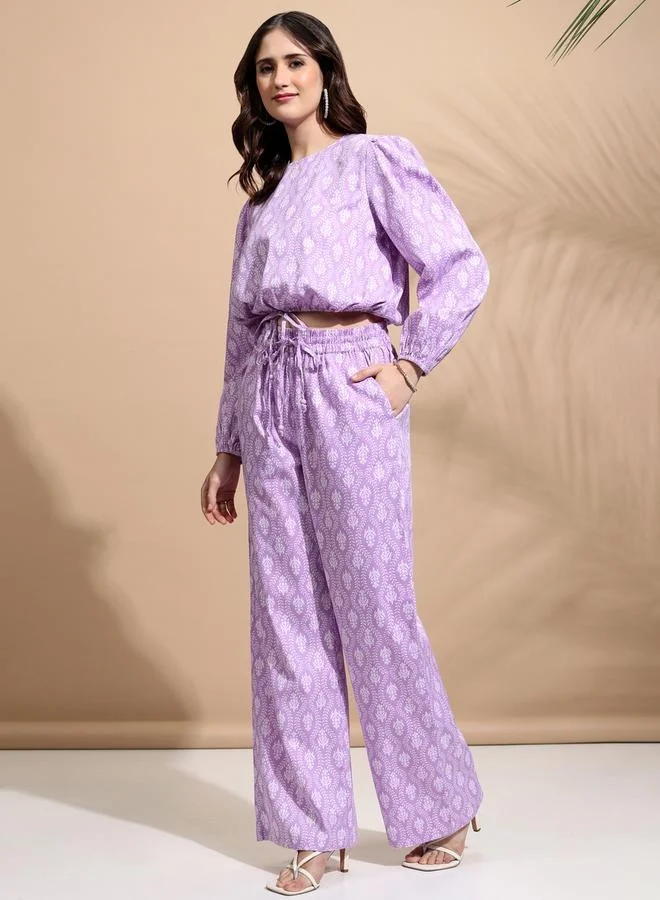 Tokyo Talkies Tokyo Talkies All-Over Print Round Neck Balloon Sleeve Crop Top with Trousers Co-Ords