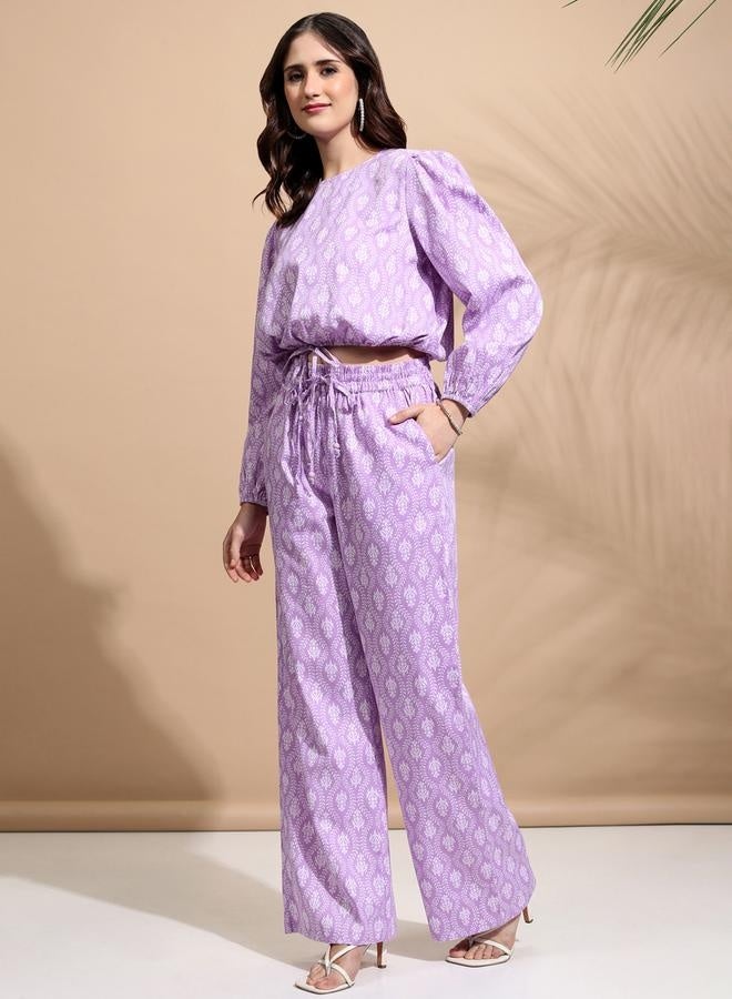 Tokyo Talkies All-Over Print Round Neck Balloon Sleeve Crop Top with Trousers Co-Ords - Image 3