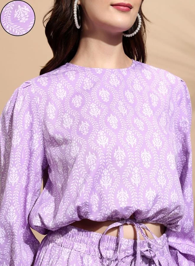 Tokyo Talkies Tokyo Talkies All-Over Print Round Neck Balloon Sleeve Crop Top with Trousers Co-Ords