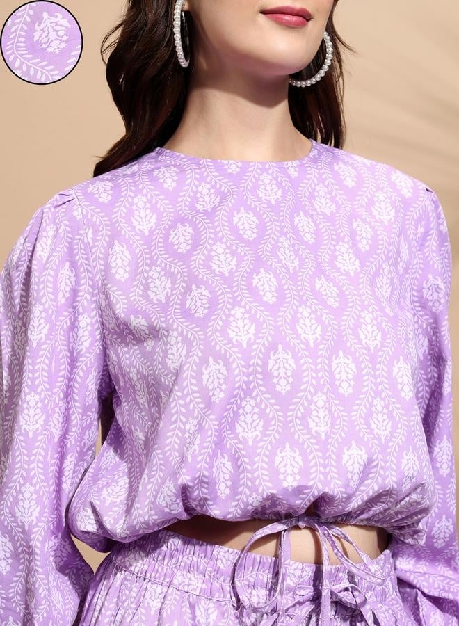 Tokyo Talkies All-Over Print Round Neck Balloon Sleeve Crop Top with Trousers Co-Ords - Image 4