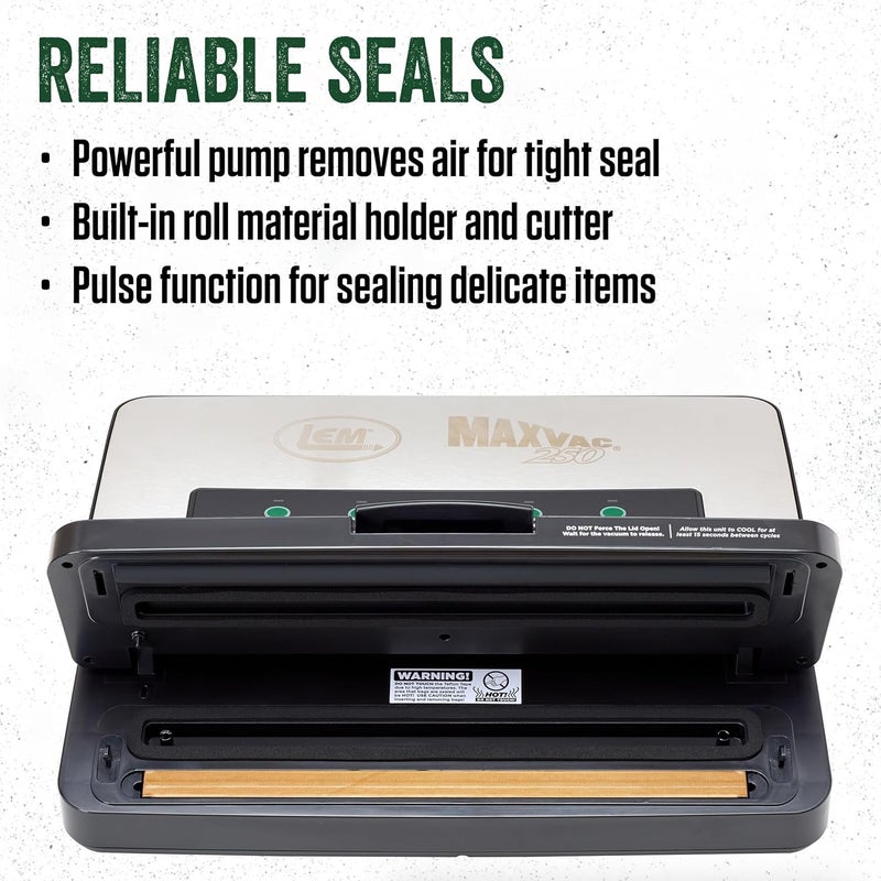 LEM LEM Products MaxVac 250 Stainless Steel Vacuum Sealer with BuiltIn Bag Holder and Cutter Silver and Black  - Image 4