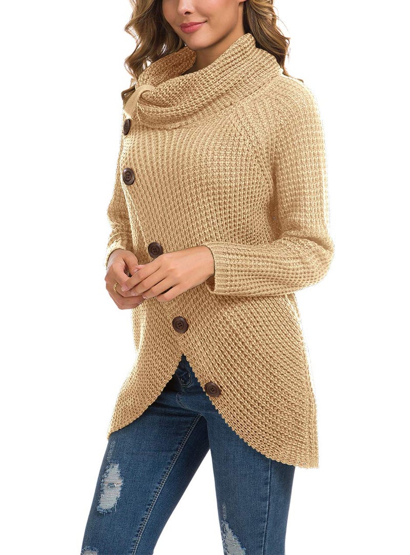 GRECERELLE Women's Fall Chunky Turtleneck Long Sleeve Asymmetric Hem Loose Knit Pullover Sweaters Tops, Beige, S - Image 2