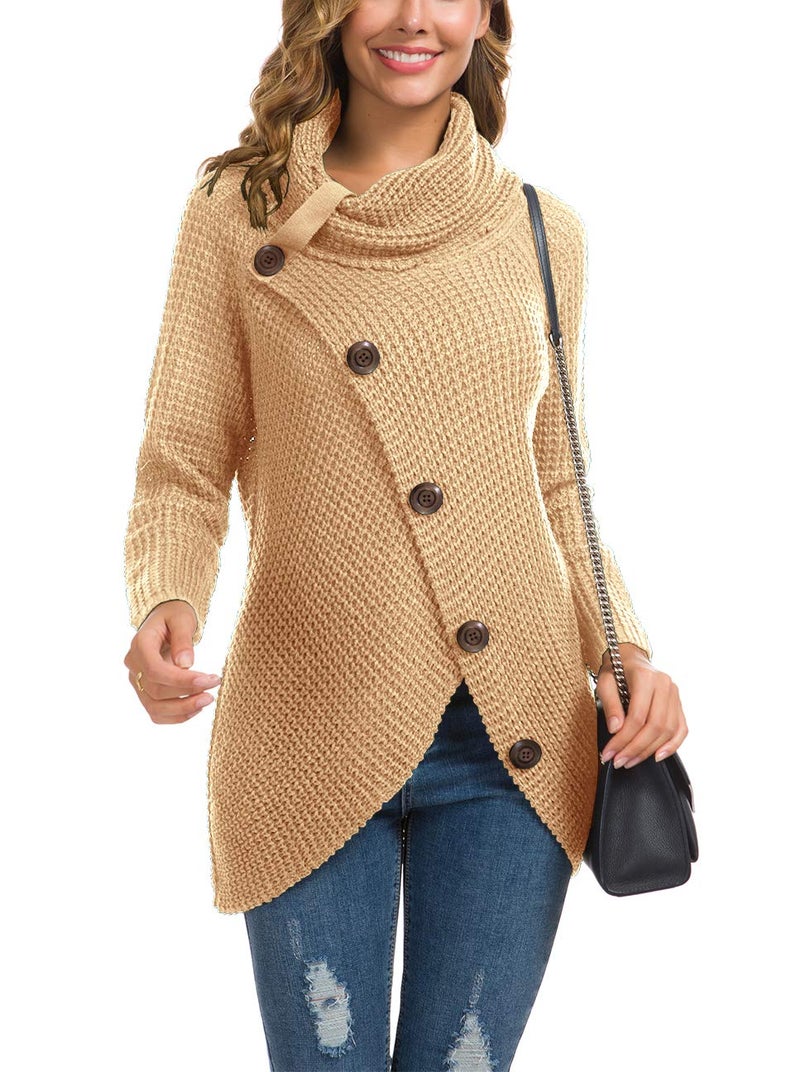 GRECERELLE Women's Fall Chunky Turtleneck Long Sleeve Asymmetric Hem Loose Knit Pullover Sweaters Tops, Beige, S - Image 3