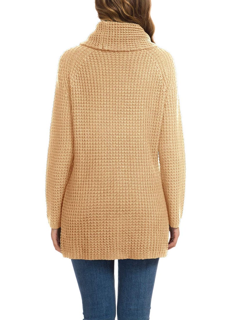 GRECERELLE Women's Fall Chunky Turtleneck Long Sleeve Asymmetric Hem Loose Knit Pullover Sweaters Tops, Beige, S - Image 4