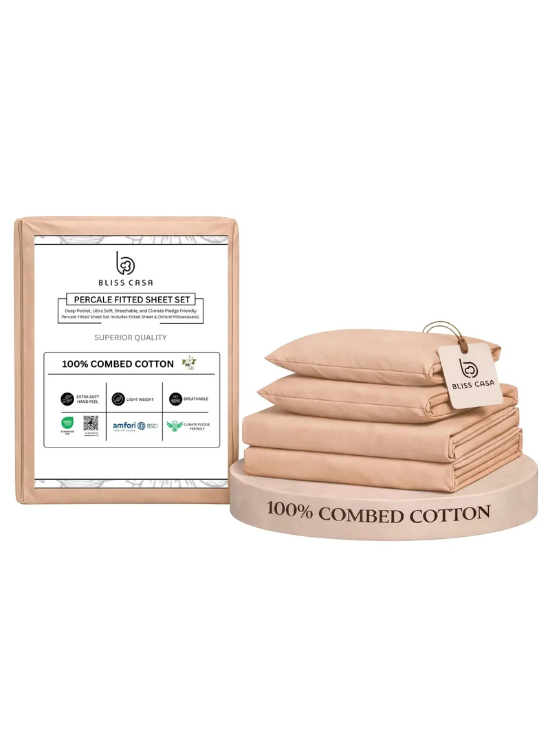 بليس كاسا طقم ملاءات سرير Bliss Casa Premium Percale - 100% قطن ممشط، مريح وجيد التهوية