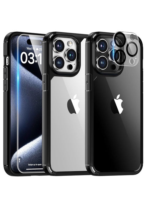 حافظة حماية 5 في 1 متوافقة مع هاتف iPhone 15 Pro Max مقاس 6.7 بوصة، غطاء خلفي شفاف X1، واقي شاشة من الزجاج المقوى X2، واقي عدسة الكاميرا X2، حافظات هاتف رفيعة باللون الأسود