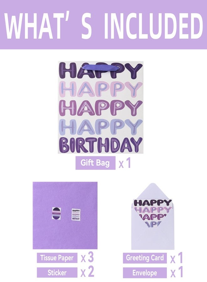Qirrmiy 13'' Large Purple Happy Birthday Gift Bag Set with Handles, Greeting Card, Tissue Papers and Stickers for Women Girls Kids Teens, Words Design, 1 Pcs - Image 3