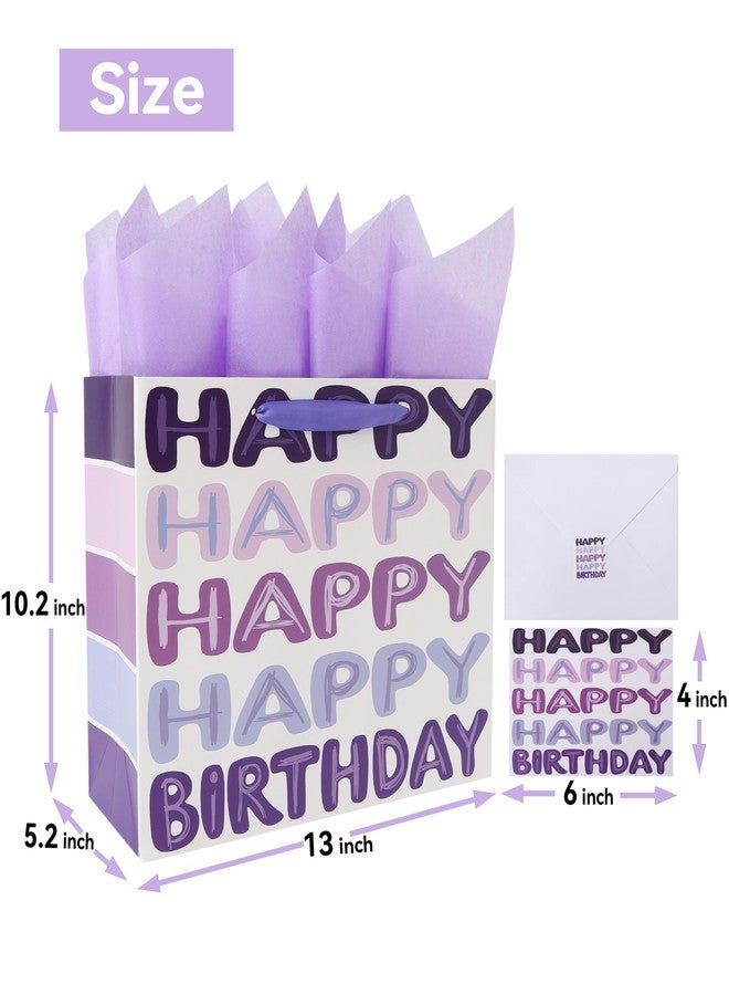 Qirrmiy 13'' Large Purple Happy Birthday Gift Bag Set with Handles, Greeting Card, Tissue Papers and Stickers for Women Girls Kids Teens, Words Design, 1 Pcs - Image 2