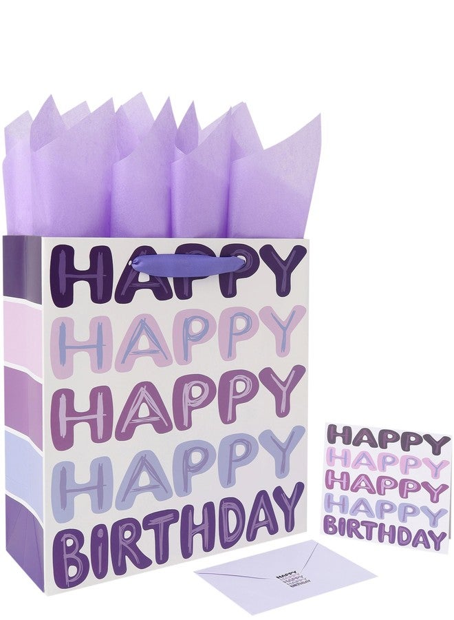 Qirrmiy 13'' Large Purple Happy Birthday Gift Bag Set with Handles, Greeting Card, Tissue Papers and Stickers for Women Girls Kids Teens, Words Design, 1 Pcs - Image 1