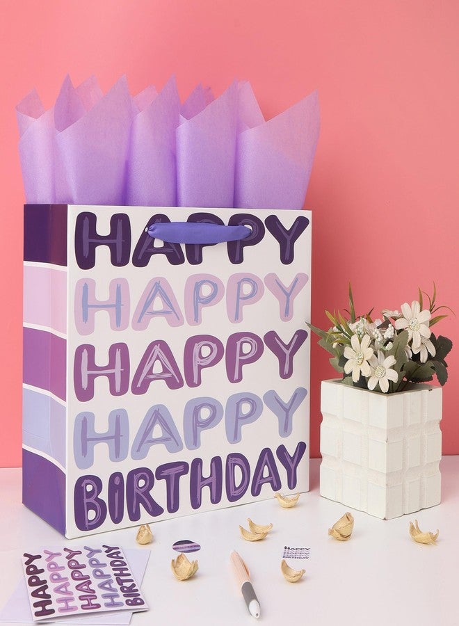 Qirrmiy 13'' Large Purple Happy Birthday Gift Bag Set with Handles, Greeting Card, Tissue Papers and Stickers for Women Girls Kids Teens, Words Design, 1 Pcs - Image 5