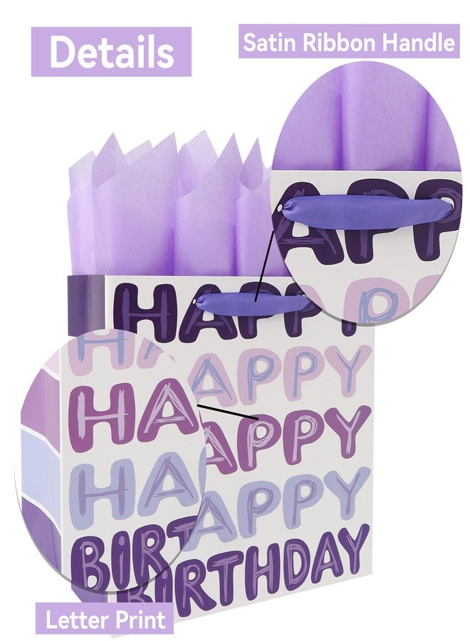 Qirrmiy 13'' Large Purple Happy Birthday Gift Bag Set with Handles, Greeting Card, Tissue Papers and Stickers for Women Girls Kids Teens, Words Design, 1 Pcs - Image 4