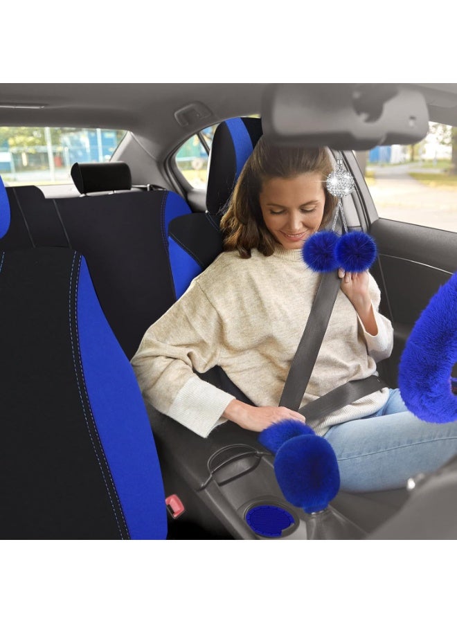 17 Pcs Car Seat Cover Full Set for Women Fluffy Fuzzy Car Accessories Rear Steering Wheel Fleece Handbrake Shift Covers Hanging Accessory Holder Ring Emblem(Blue) - Image 5