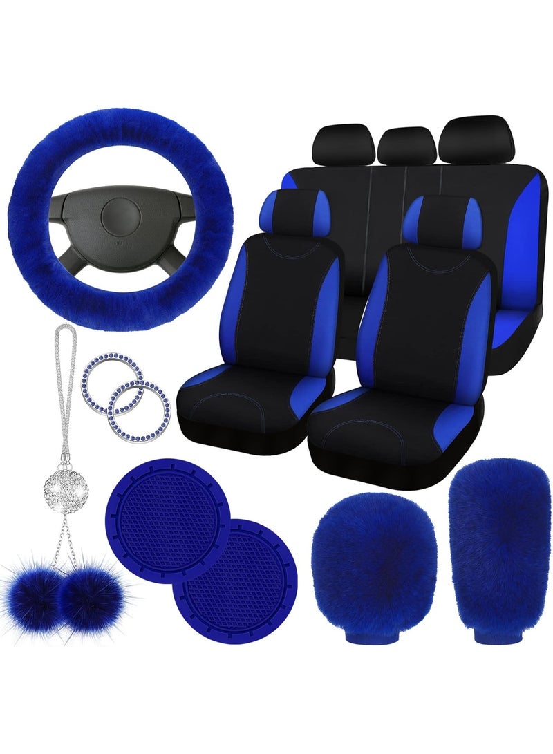 17 Pcs Car Seat Cover Full Set for Women Fluffy Fuzzy Car Accessories Rear Steering Wheel Fleece Handbrake Shift Covers Hanging Accessory Holder Ring Emblem(Blue) - Image 1