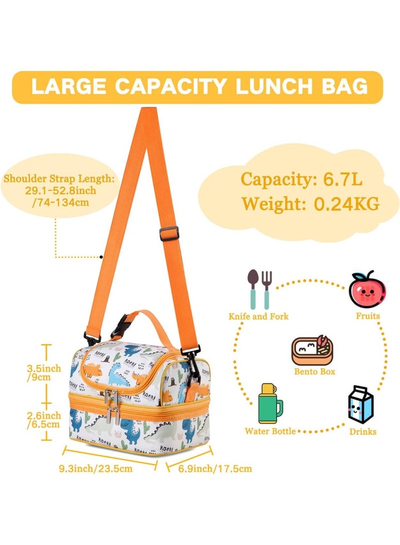 VASCHY Lunch Box Bag Kids, Insulated Two Compartments Cooler Bags for Boys Girls w Shoulder Strap for School,Daycare,Kindergarten Dinos Yellow - Image 2