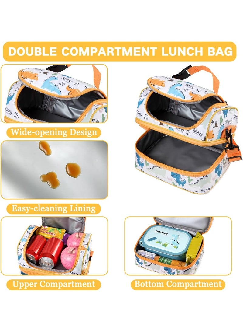 VASCHY Lunch Box Bag Kids, Insulated Two Compartments Cooler Bags for Boys Girls w Shoulder Strap for School,Daycare,Kindergarten Dinos Yellow - Image 3