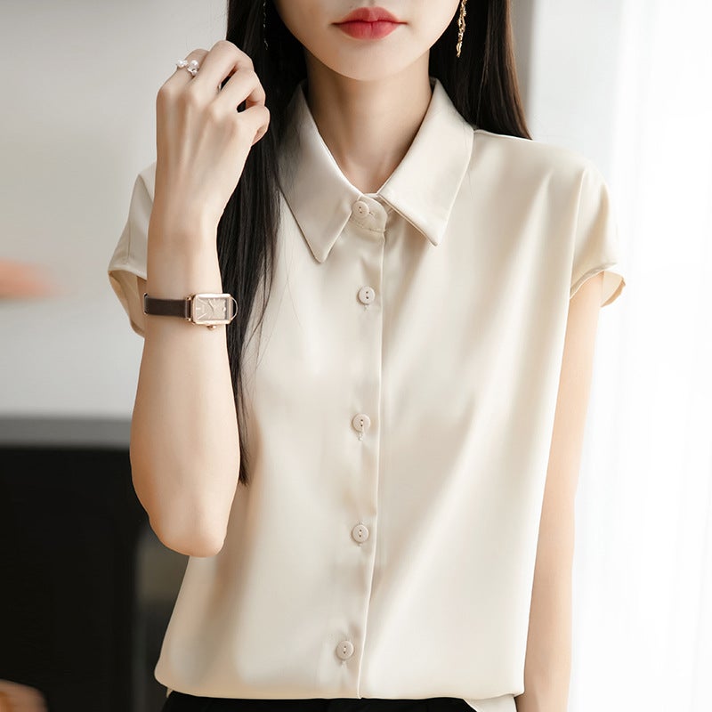 Silk Satin 25 Spring And Women'S Polo Collar Short Fashion T-Shirt Thin Base Shirt Age-Reducing Short Sleeve - Image 1