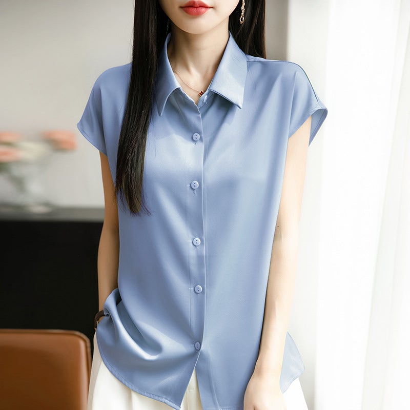 Silk Satin 25 Spring And Women'S Polo Collar Short Fashion T-Shirt Thin Base Shirt Age-Reducing Short Sleeve - Image 2