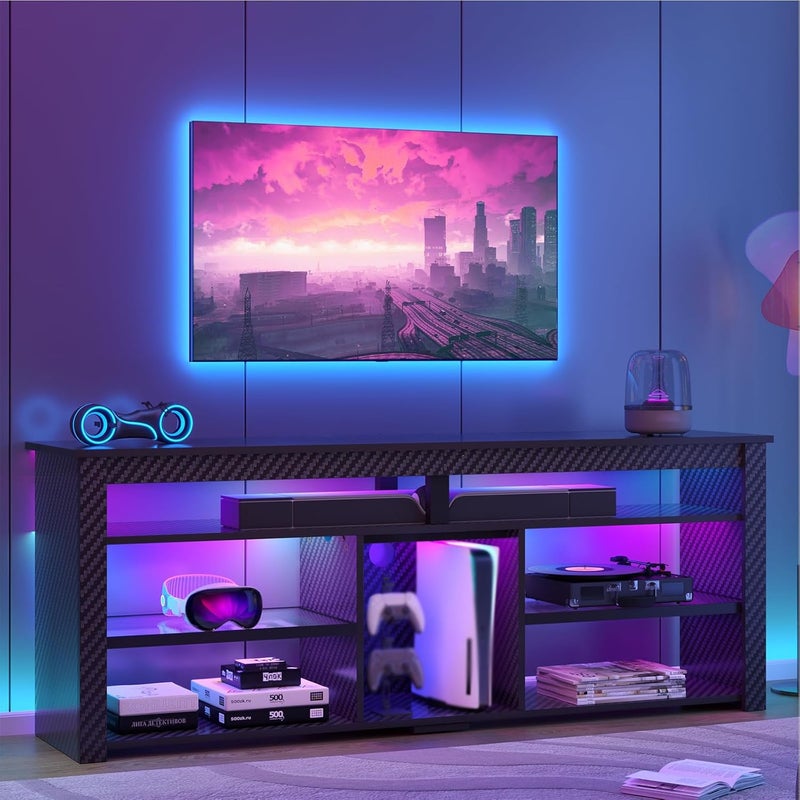 Bestier TV Stand for 70 inch TV Tall Entertainment Center with 2 Led Lights Gaming TV Console with Storage for PS5 Modern TV Cabinet for Bedroom Living Room Black Carbon Fiber