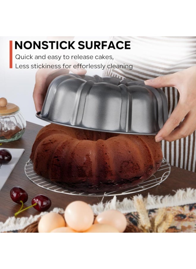 KCDMBUE 10 Inch Nonstick Fluted Cake Pan, Easy Release Heavy Duty Carbon Steel Tube Mold, 10 Cup Round Baking Tray for Bundt Cakes, Chocoflan, Jello, Meatloaf & More (Gray)  - Image 3