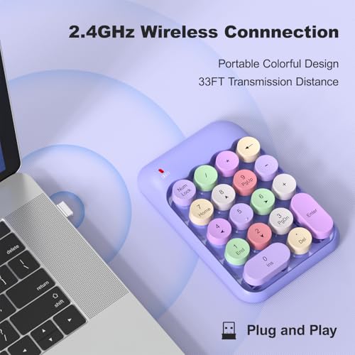MOWUX Wireless Number Pads, Cute Colorful Numeric Keypad Numpad Portable 2.4 GHz Financial Accounting Number Keyboard Extensions, 18 Key Number Numpad for Laptop Desktop, PC (Purple) - Image 2