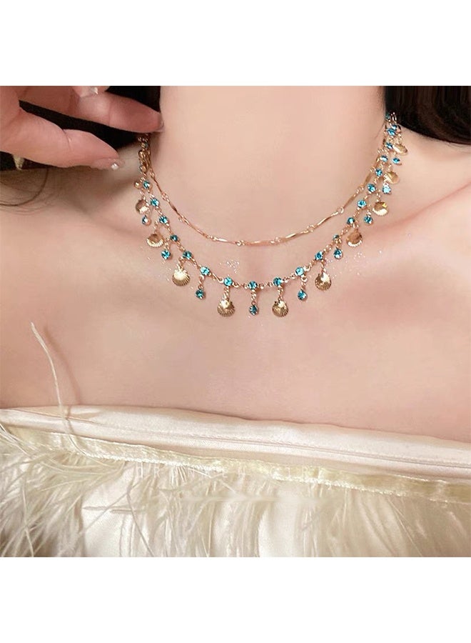 Dainty Boho Necklace for Women, Blue Rhinestone Sea Style Jewelry for Her - Image 1