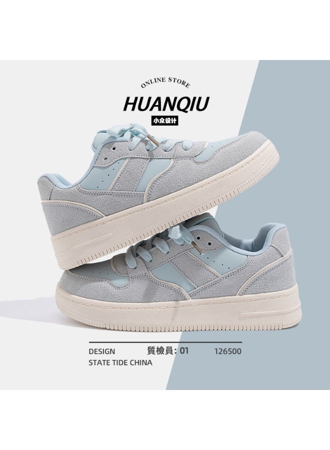 HUANQIU Women's Niche Design Sneakers, Light Blue Gray Color Block, Suede Casual Shoes, Fashion Versatile Platform Shoes - Image 1
