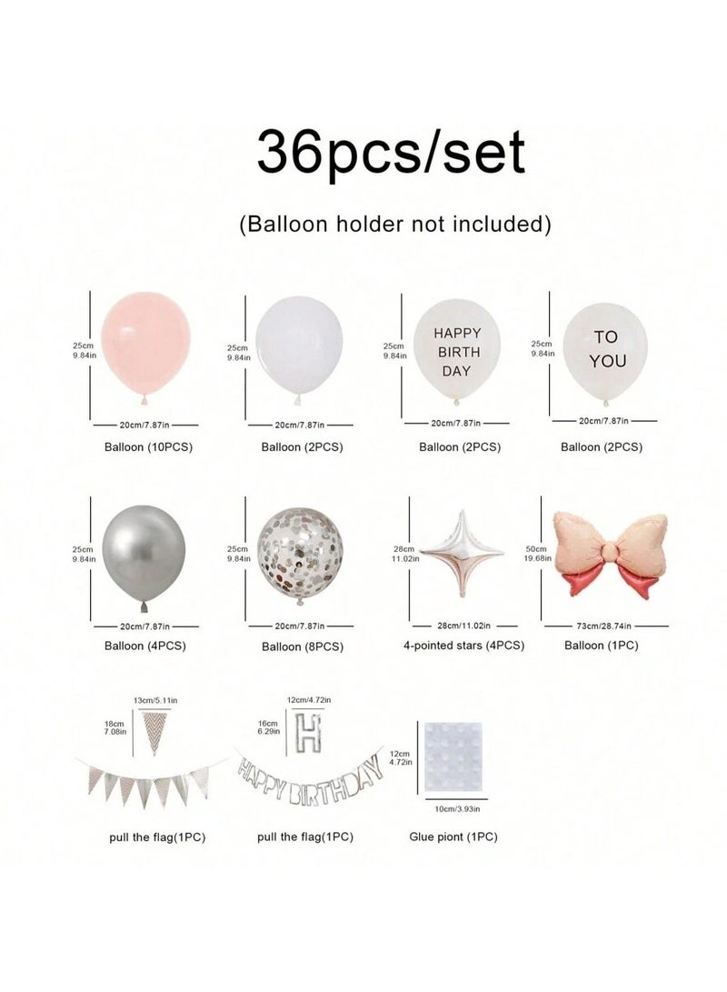 A set of 36 birthday decorations that includes a bow-shaped foil balloon, latex balloons in pink and white, a “Happy Birthday” banner, and a silver-colored pennant banner. - Image 2
