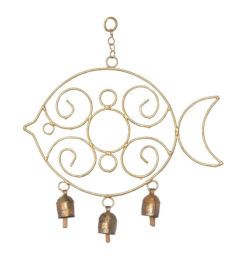 Ethnics of Kutch Ethnics of Kutch Hand Made Metal Bells Wrought Iron CopperZinc Coated Home Dcor Chimes Cow Bell Fish Large 3 Bells 32 cms Length Colour Copper BEL0099