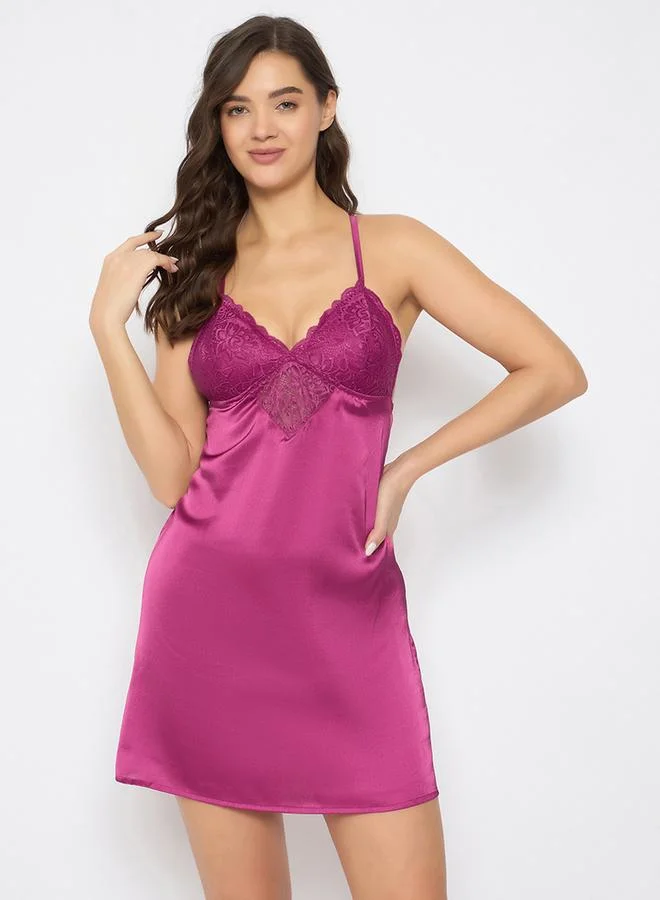 Clovia Clovia Solid Lace Insert Padded Satin Babydoll
