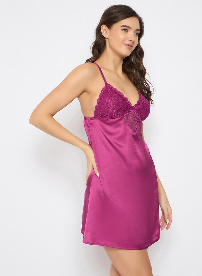 Clovia Solid Lace Insert Padded Satin Babydoll - Image 3