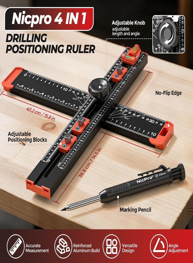 نيكبرو مسطرة تحديد موضع الحفر 4 في 1 من نيكبرو، مسطرة مربعة متعددة الاستخدامات قابلة للتعديل على شكل حرف T مع قلم رصاص للنجار، أدوات مربعة للنجارة، قالب حفر ثقوب أبواب وأدراج الخزانة - Image 2