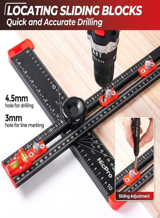 نيكبرو مسطرة تحديد موضع الحفر 4 في 1 من نيكبرو، مسطرة مربعة متعددة الاستخدامات قابلة للتعديل على شكل حرف T مع قلم رصاص للنجار، أدوات مربعة للنجارة، قالب حفر ثقوب أبواب وأدراج الخزانة - Image 5