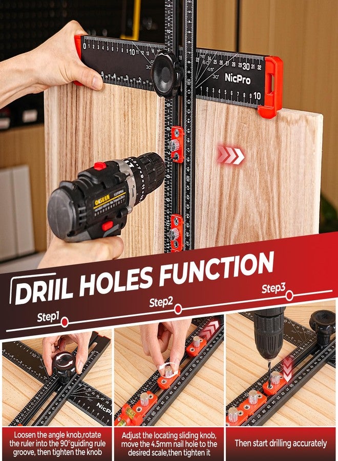 نيكبرو مسطرة تحديد موضع الحفر 4 في 1 من نيكبرو، مسطرة مربعة متعددة الاستخدامات قابلة للتعديل على شكل حرف T مع قلم رصاص للنجار، أدوات مربعة للنجارة، قالب حفر ثقوب أبواب وأدراج الخزانة - Image 3