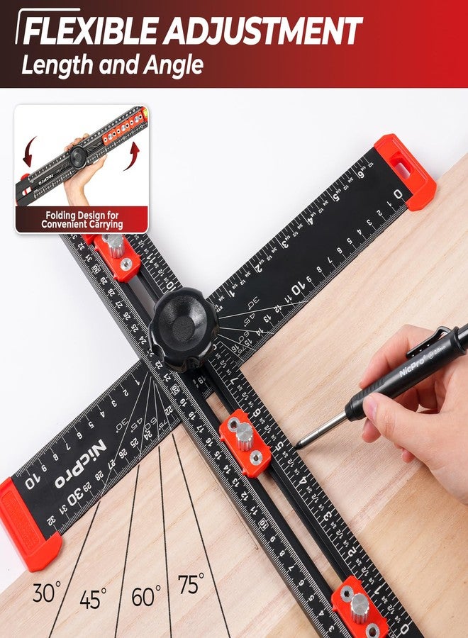نيكبرو مسطرة تحديد موضع الحفر 4 في 1 من نيكبرو، مسطرة مربعة متعددة الاستخدامات قابلة للتعديل على شكل حرف T مع قلم رصاص للنجار، أدوات مربعة للنجارة، قالب حفر ثقوب أبواب وأدراج الخزانة - Image 4