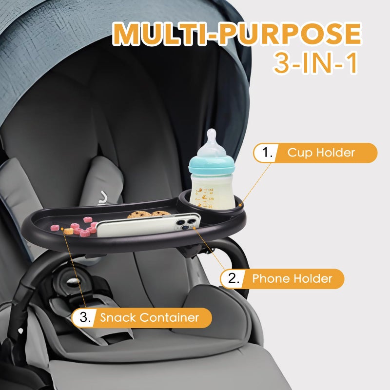 KEUYE Snack Tray Compatible with Mockingbird,Nuna,Evenflo Stroller,Adjustable Stroller Snack Tray with Cup Holder and Phone Holder, Stroller Accessories Black - Image 3