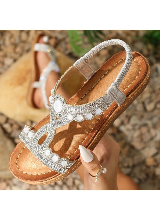 NIBEMINENT Women Flat Shoes Summer Luxury Designer Rhinestone Sandals Diamond Elegant Glitter Beach Sandals  - Image 1