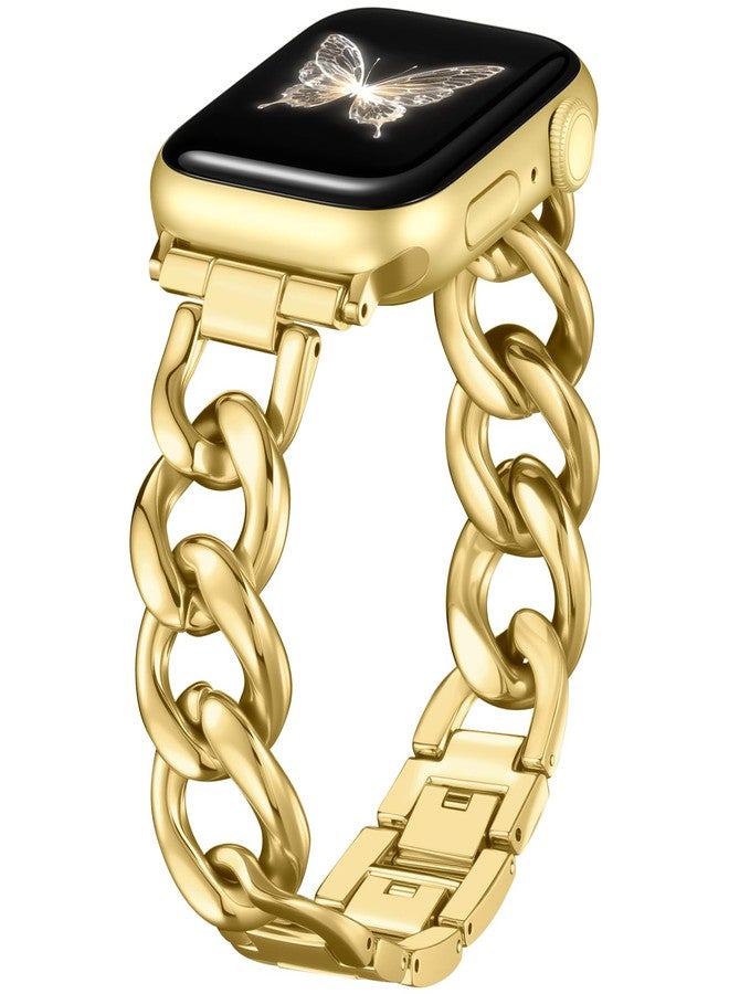 DaQin Gold Band Compatible with Apple Watch Bands for Women 44mm 45mm 46mm 42mm, Metal Chain Link Steel Replacement Accessories Bracelet for iWatch Bands Series 10 9 8 7 6 5 4 3 2 1 SE, Gold - Image 1