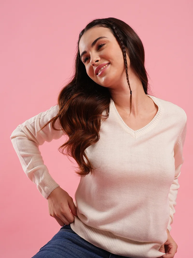 جلو باص كنزة نسائية محبوكة بياقة على شكل حرف