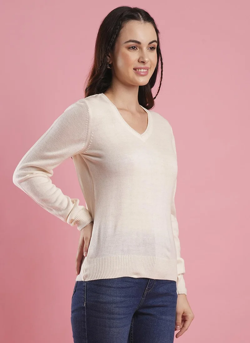 globus Globus Women Solid V-Neck Ribbed Knitted Pullover