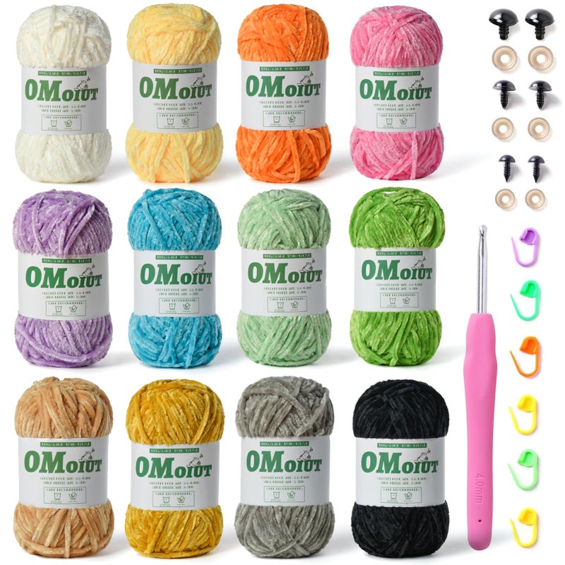 OMoiut 12 Pack Multicolored Plush Chenille Yarnï¼ŒVelvet Baby Blanket Yarn for Crocheting Soft ï¼Œ(1200 g/42.3 ozï¼Œ1440 m/1574 yds Fluffy Amigurumi Crochet Yarn Set A - Image 1
