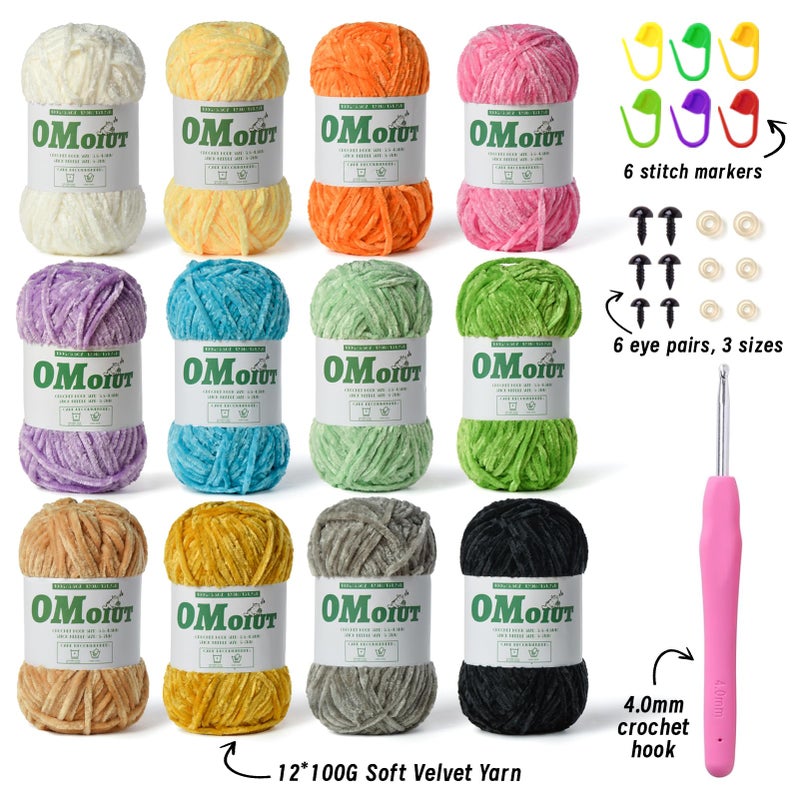 OMoiut 12 Pack Multicolored Plush Chenille Yarnï¼ŒVelvet Baby Blanket Yarn for Crocheting Soft ï¼Œ(1200 g/42.3 ozï¼Œ1440 m/1574 yds Fluffy Amigurumi Crochet Yarn Set A - Image 2