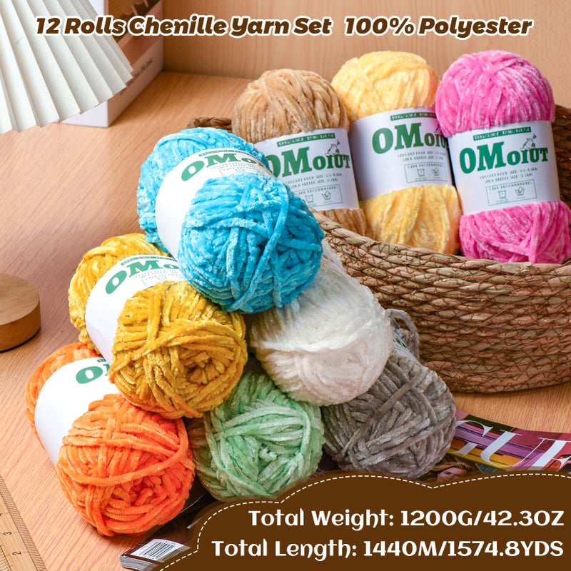 OMoiut 12 Pack Multicolored Plush Chenille Yarnï¼ŒVelvet Baby Blanket Yarn for Crocheting Soft ï¼Œ(1200 g/42.3 ozï¼Œ1440 m/1574 yds Fluffy Amigurumi Crochet Yarn Set A - Image 3