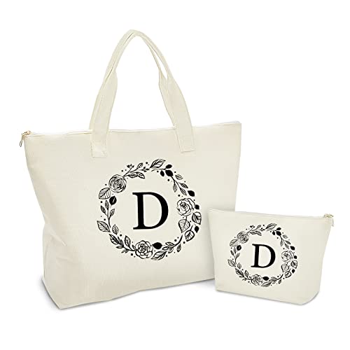 Binggemen Personalized Initial Canvas Tote Bag with Zipper, Present Bag with Inner Pocket & Make Up Bag, Great Gifts for Women, Mom, Teachers, Friends, Bridesmaids - Image 1