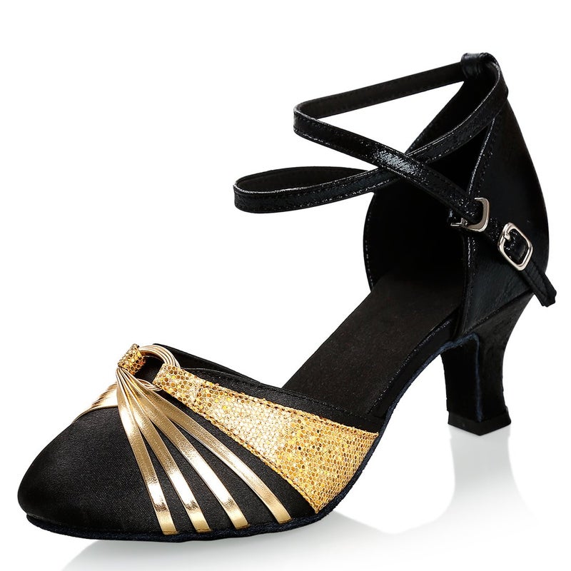 iCKER Women's Latin Dance Shoes Satin Ballroom Salsa Wedding Performance Dance Shoes 2.2'' Heel 7 Gold - Image 1