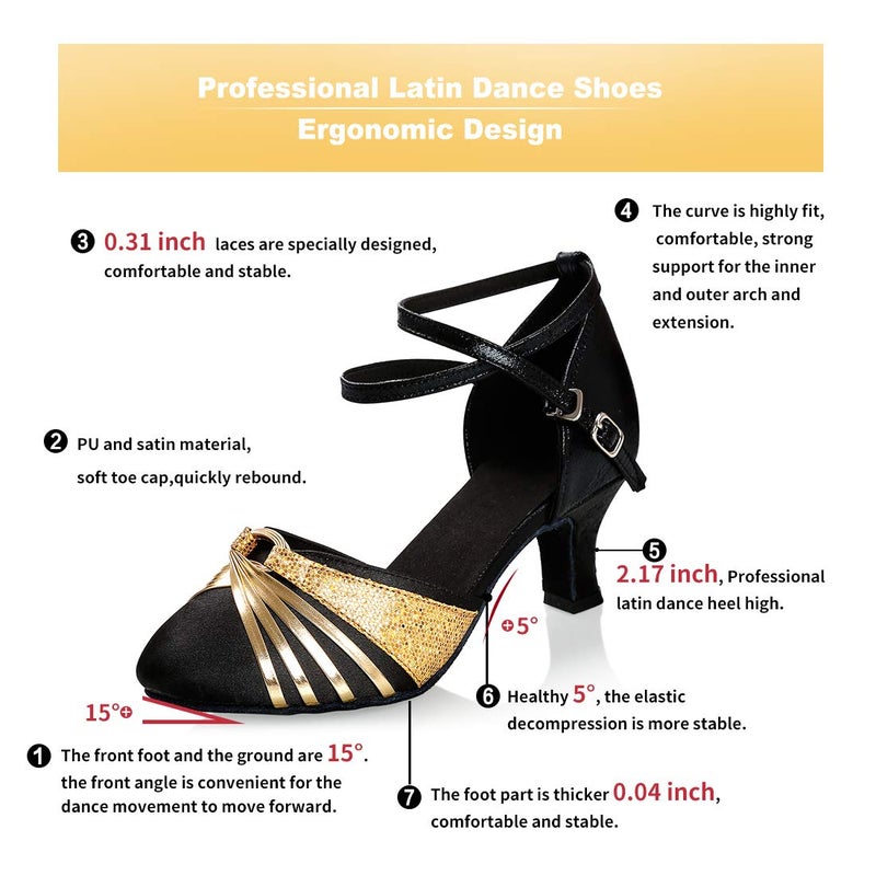 iCKER Women's Latin Dance Shoes Satin Ballroom Salsa Wedding Performance Dance Shoes 2.2'' Heel 7 Gold - Image 4