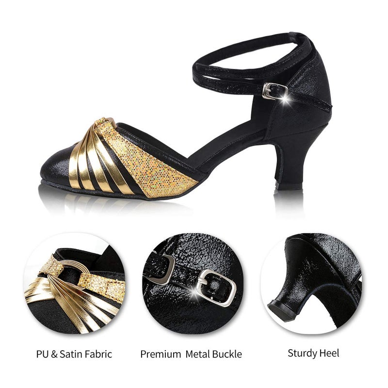 iCKER Women's Latin Dance Shoes Satin Ballroom Salsa Wedding Performance Dance Shoes 2.2'' Heel 7 Gold - Image 5